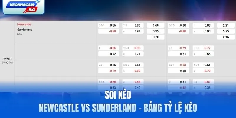 Soi kèo Newcastle vs Sunderland - bảng tỷ lệ kèo